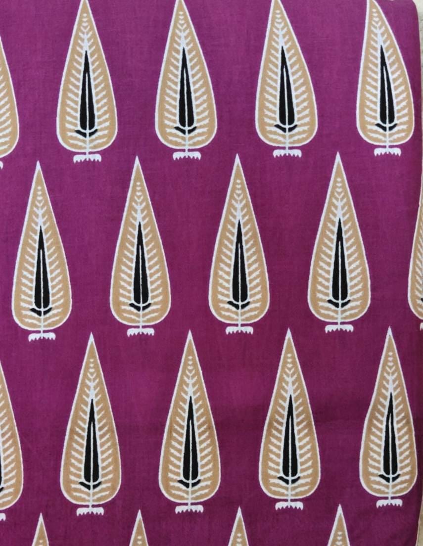Plum Purple Leaf Cotton Fabric by the Yard, Hand Block Print Indian Cotton Fabric, Botanical Fabric for Quilting Sewing, Loose Fabric