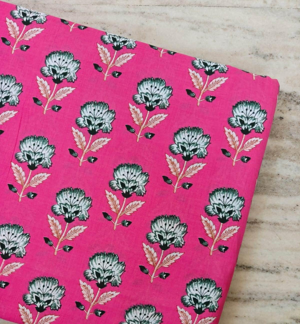Pink Floral Cotton Fabric, Block Print Flower Fabric, Indian Cotton Fabric by the Yard, Botanical Print Fabric Quilting & Dressmaking Fabric