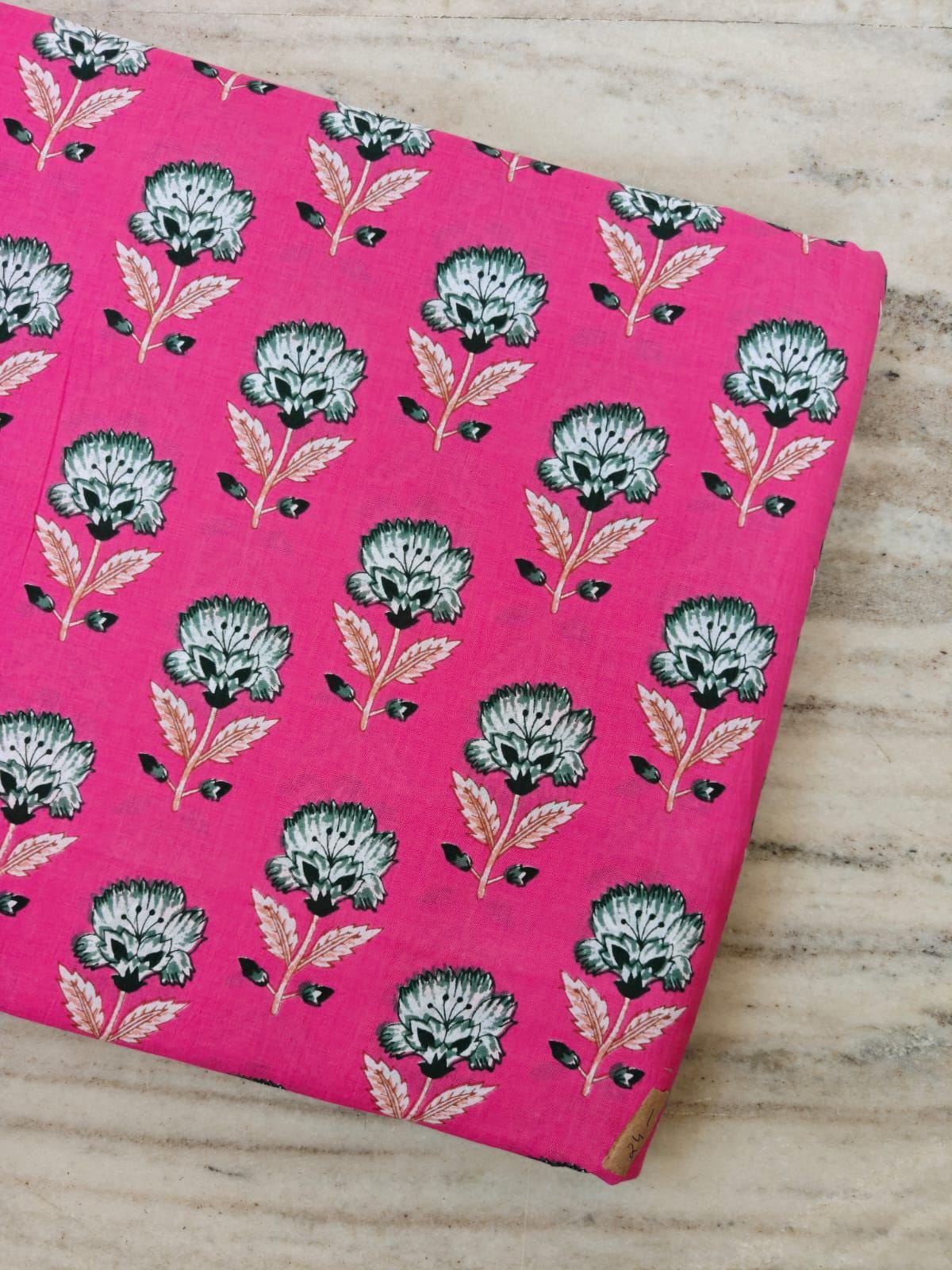 Pink Floral Cotton Fabric, Block Print Flower Fabric, Indian Cotton Fabric by the Yard, Botanical Print Fabric Quilting & Dressmaking Fabric