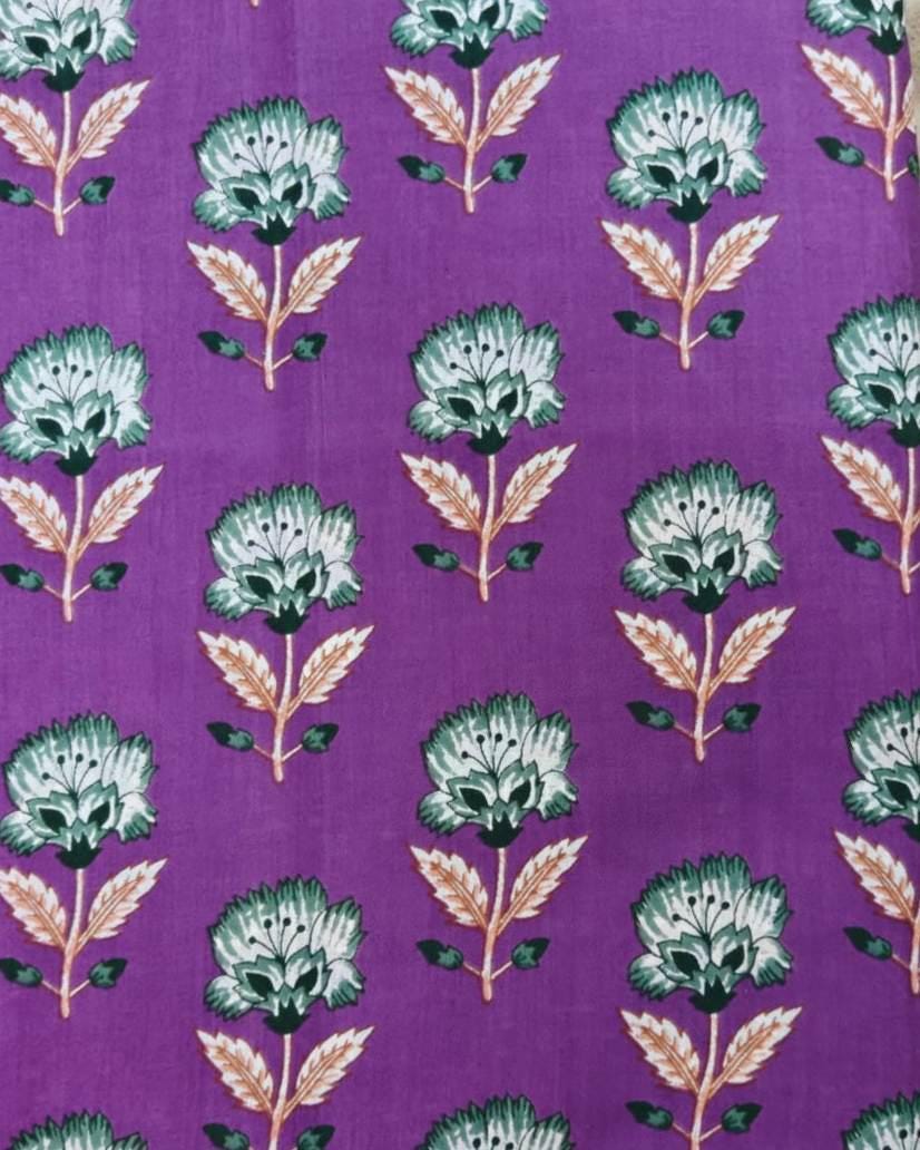 Purple Floral Cotton Fabric, Indian Block Print Fabric, White Flower Fabric, Boho Cotton Cloth, Quilting Fabric, Dressmaking Fabric by Yard