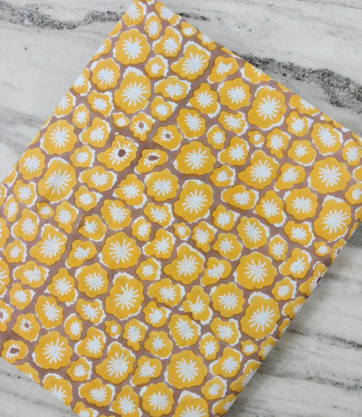 Mustard Yellow Indian Hand Block Print Fabric, Floral 100% Cotton Quilting Fabric By The Yard, Retro Daisy Flower Vintage Inspired Fabric