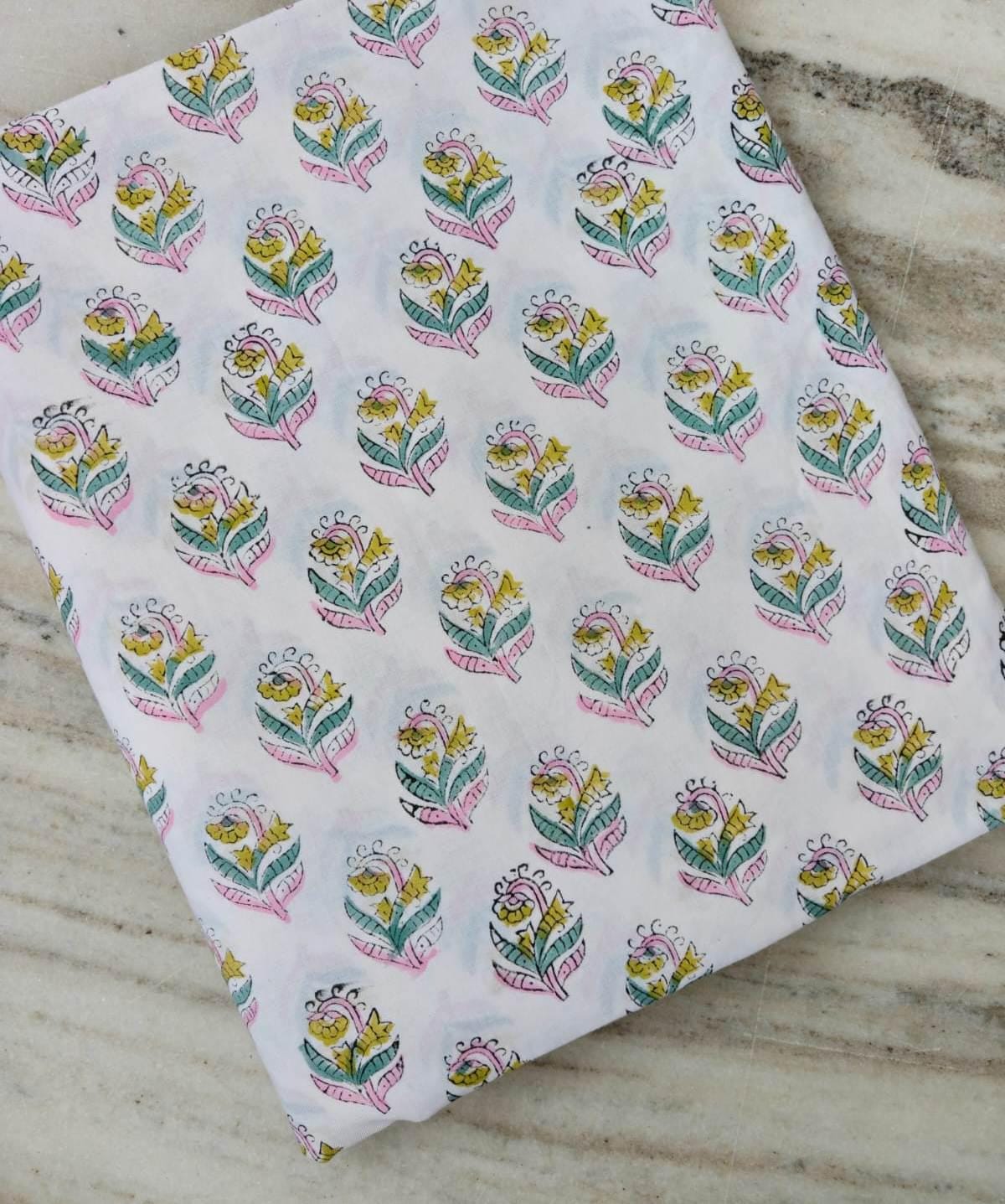 Pink Yellow Floral Cotton Fabric | Indian Block Print Fabric | Hand Block Print Cotton | Floral Fabric | Sewing Quilting Loose Fabric