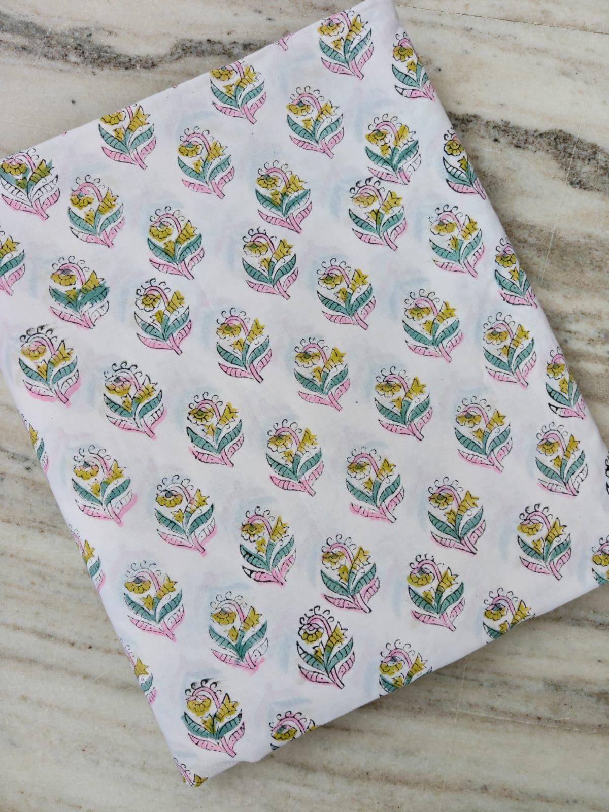 Pink Yellow Floral Cotton Fabric | Indian Block Print Fabric | Hand Block Print Cotton | Floral Fabric | Sewing Quilting Loose Fabric