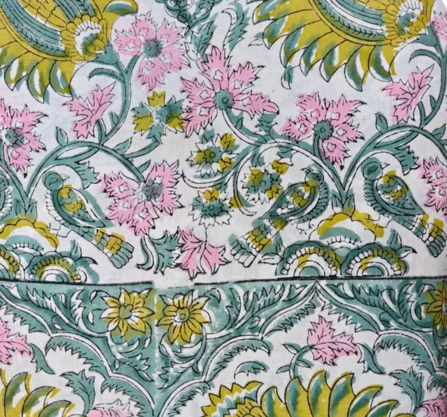 Yellow Pink Teal Block Print Fabric, Floral Cotton Fabric, 100% Indian Hand Block Print Cotton | Botanical Fabric | Sewing Quilting Fabric