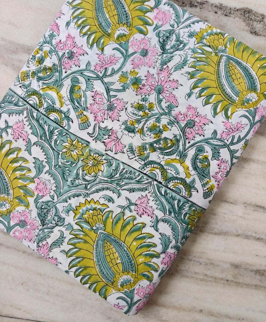 Yellow Pink Teal Block Print Fabric, Floral Cotton Fabric, 100% Indian Hand Block Print Cotton | Botanical Fabric | Sewing Quilting Fabric