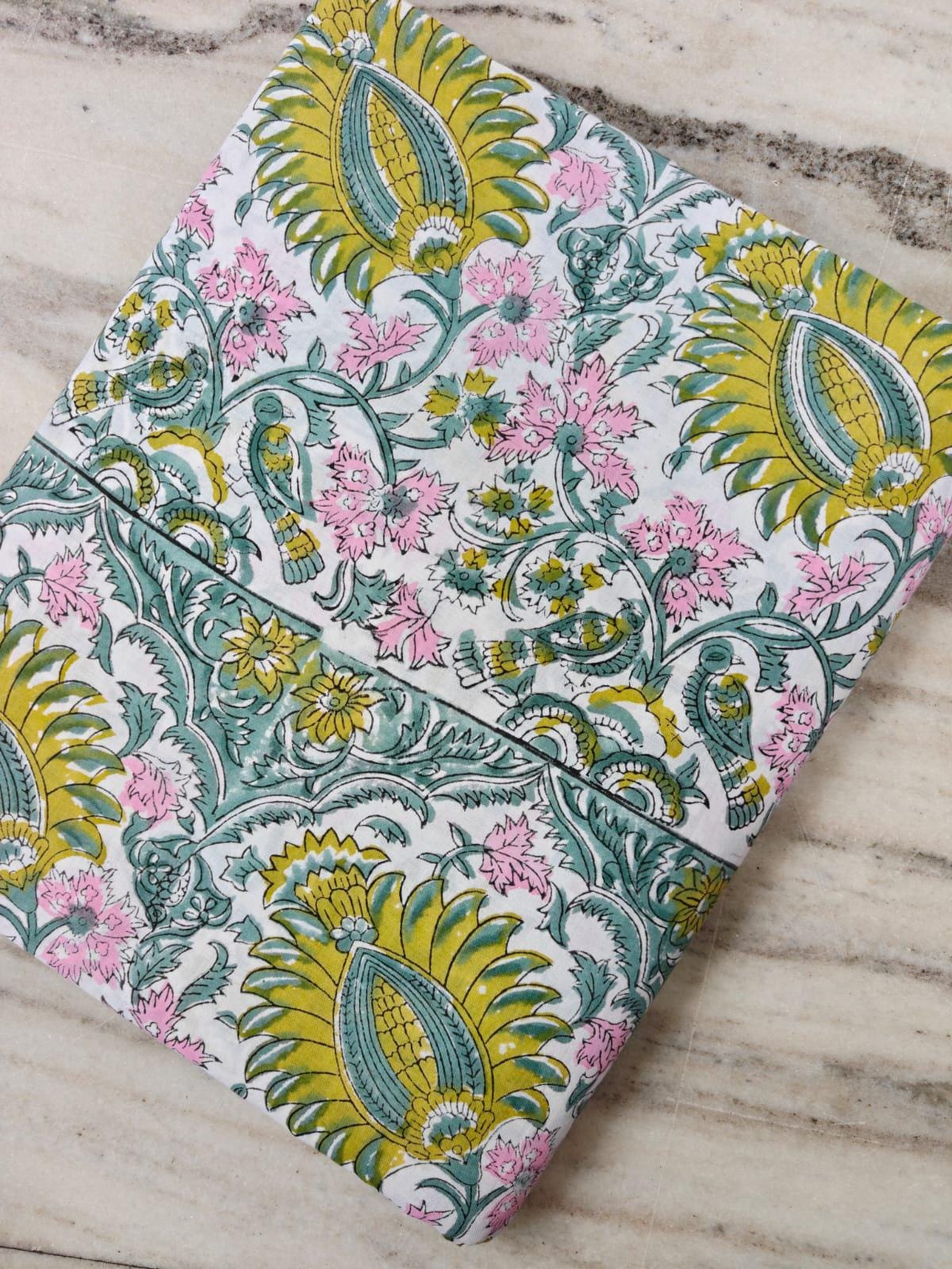 Yellow Pink Teal Block Print Fabric, Floral Cotton Fabric, 100% Indian Hand Block Print Cotton | Botanical Fabric | Sewing Quilting Fabric
