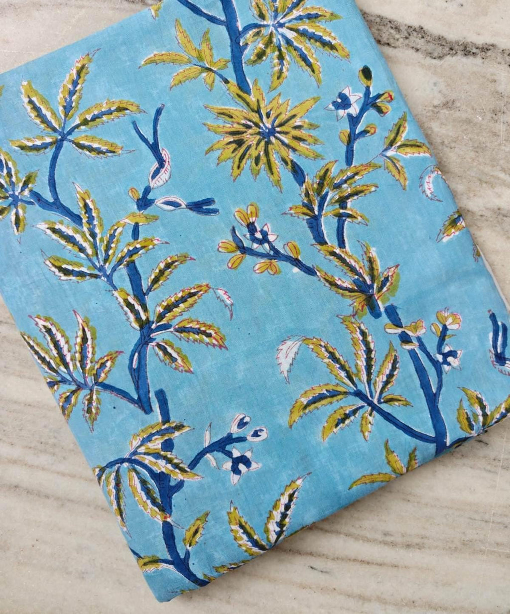 Blue Tropical Floral Cotton Fabric, Hand Block Print Fabric, Botanical Cotton Textile, Palm Leaf Fabric, Quilting & Sewing Fabric, Napkins