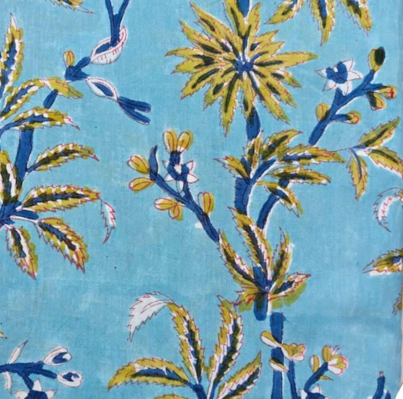 Blue Tropical Floral Cotton Fabric, Hand Block Print Fabric, Botanical Cotton Textile, Palm Leaf Fabric, Quilting & Sewing Fabric, Napkins