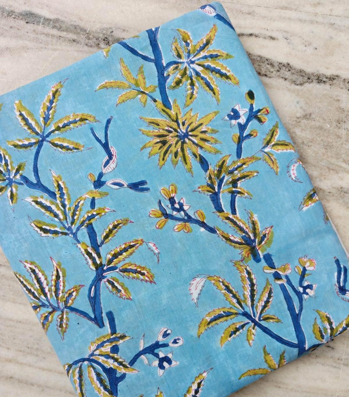 Blue Tropical Floral Cotton Fabric, Hand Block Print Fabric, Botanical Cotton Textile, Palm Leaf Fabric, Quilting & Sewing Fabric, Napkins