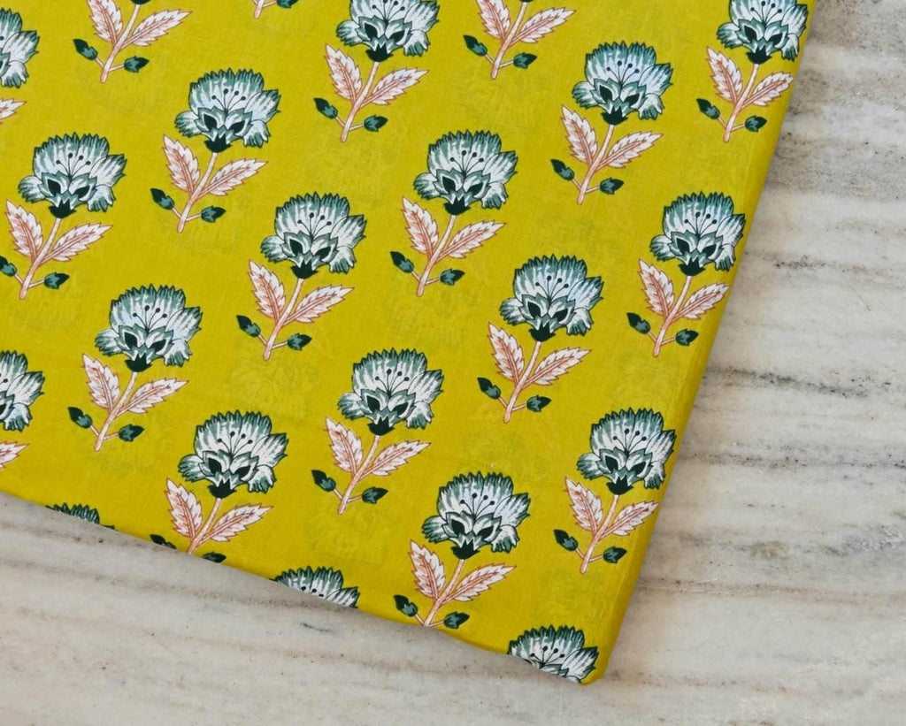 Yellow Floral Cotton Fabric by Yard, Indian Hand Block Print Fabric, Soft Quilting Fabric, Sewing Fabric Dress Fabric, Craft Textile Fabric