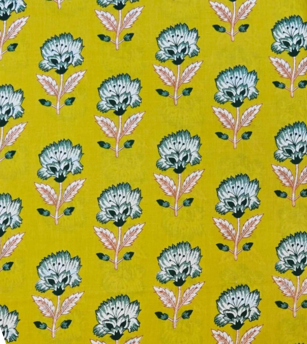 Yellow Floral Cotton Fabric by Yard, Indian Hand Block Print Fabric, Soft Quilting Fabric, Sewing Fabric Dress Fabric, Craft Textile Fabric