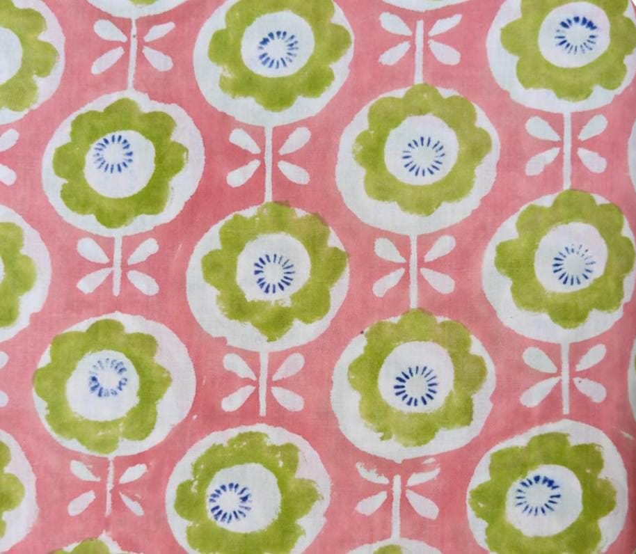 Pink Floral Cotton Fabric, Green Flower Print Fabric, Indian Block Print Cotton, Quilting Fabric, Sewing Fabric by the Yard, Craft Fabric