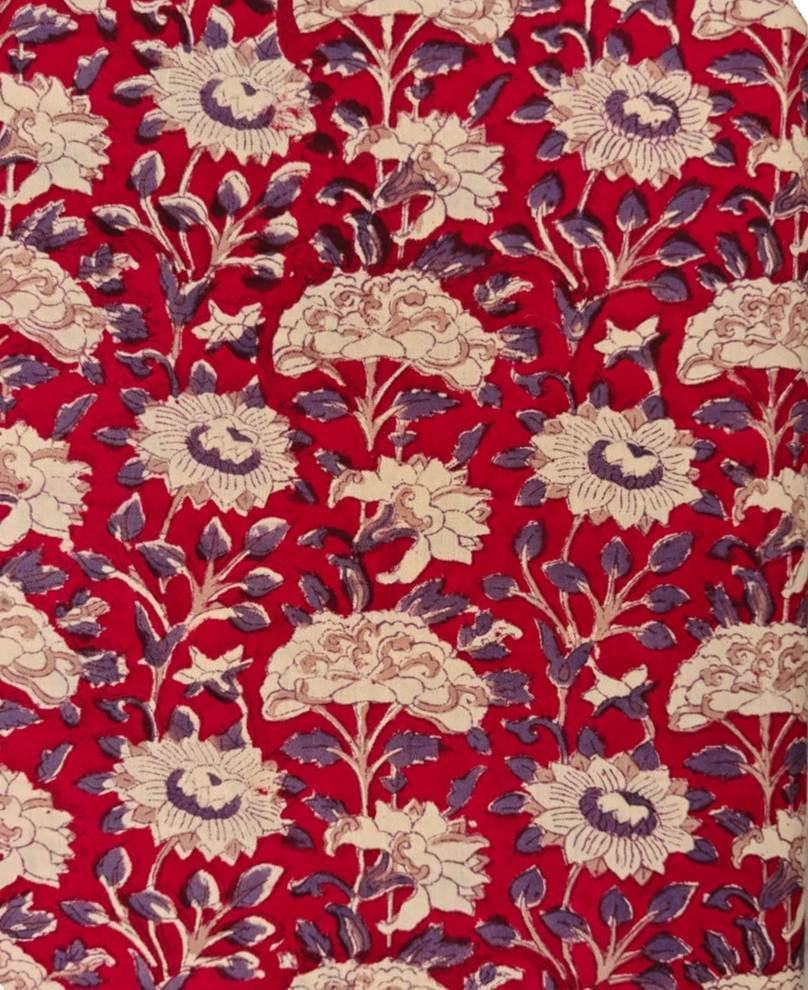 Red Floral Cotton Fabric, Indian Floral Print Fabric, Cream Purple Flower Cotton, Vintage Botanical Fabric, Quilting Fabric by the Yard