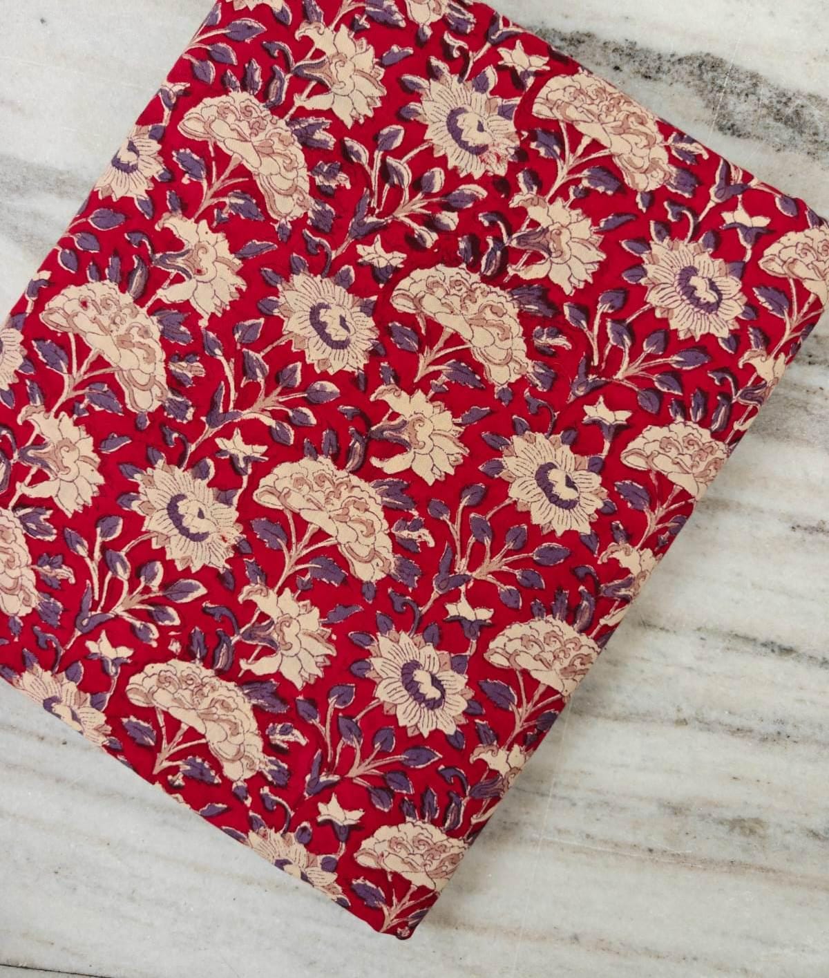 Red Floral Cotton Fabric, Indian Floral Print Fabric, Cream Purple Flower Cotton, Vintage Botanical Fabric, Quilting Fabric by the Yard