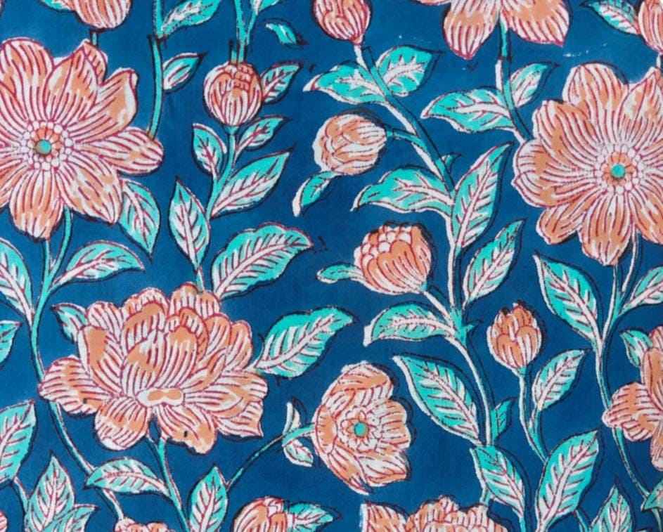 Blue Floral Cotton Fabric, Peach & Turquoise Flower Print, Indian Block Print Fabric, Floral Sewing Quilting Textile, Loose Running Fabric