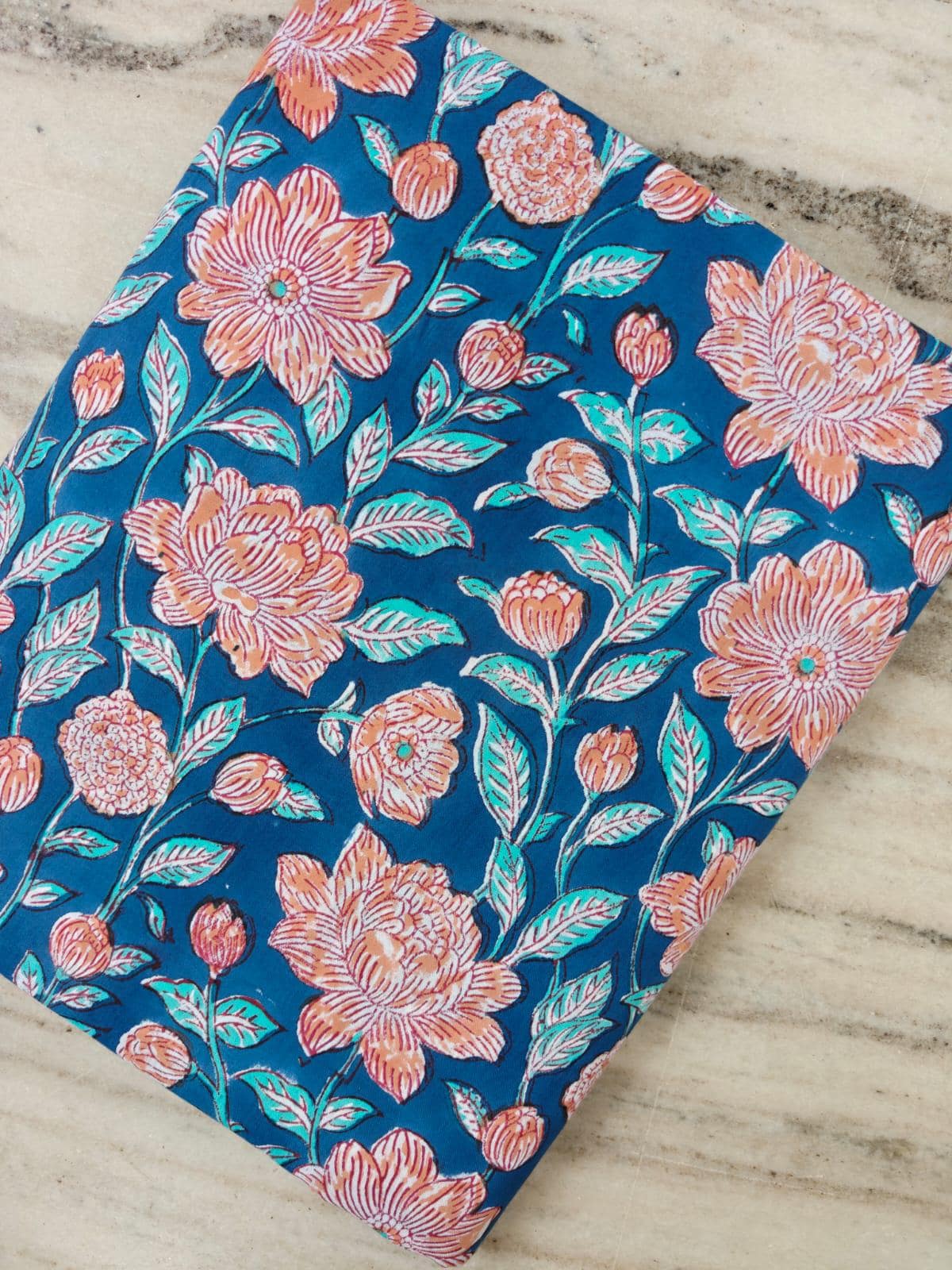 Blue Floral Cotton Fabric, Peach & Turquoise Flower Print, Indian Block Print Fabric, Floral Sewing Quilting Textile, Loose Running Fabric