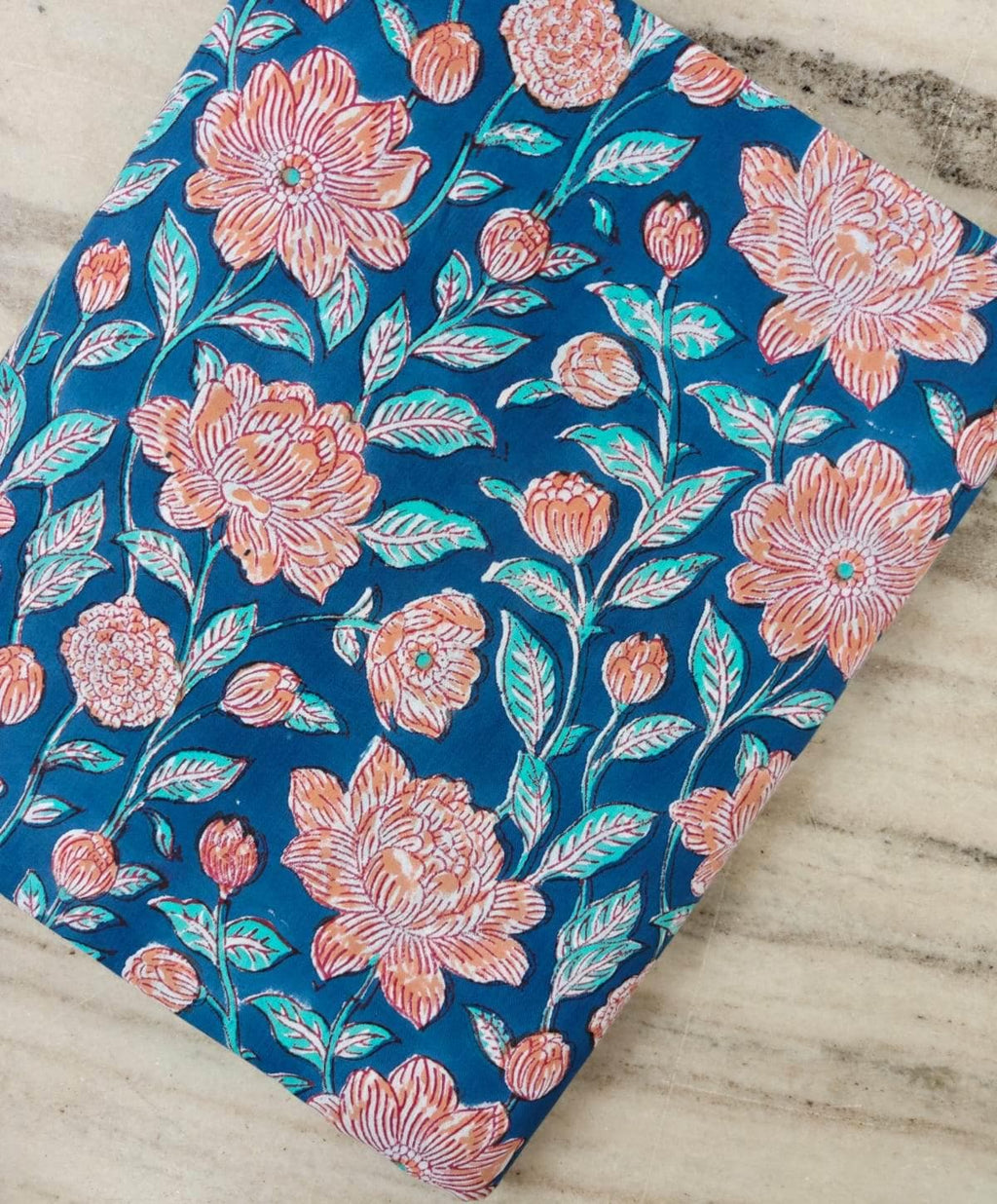 Blue Floral Cotton Fabric, Peach & Turquoise Flower Print, Indian Block Print Fabric, Floral Sewing Quilting Textile, Loose Running Fabric