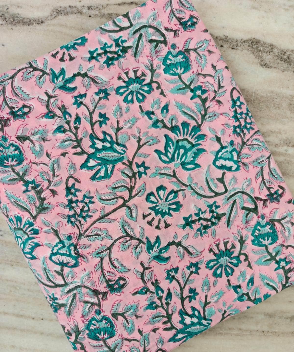 Pink Floral Cotton Fabric, Teal & Green Botanical Print, Indian Block Print Fabric, Floral Sewing Quilting Textile, Loose Running Fabric