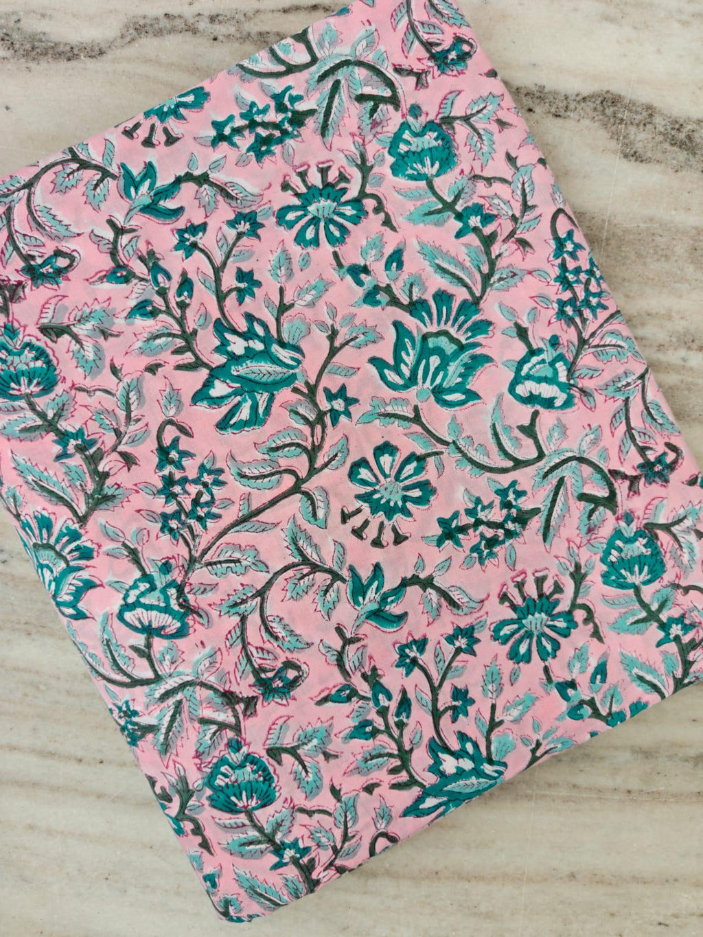 Pink Floral Cotton Fabric, Teal & Green Botanical Print, Indian Block Print Fabric, Floral Sewing Quilting Textile, Loose Running Fabric