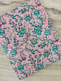 Pink Floral Cotton Fabric, Teal & Green Botanical Print, Indian Block Print Fabric, Floral Sewing Quilting Textile, Loose Running Fabric