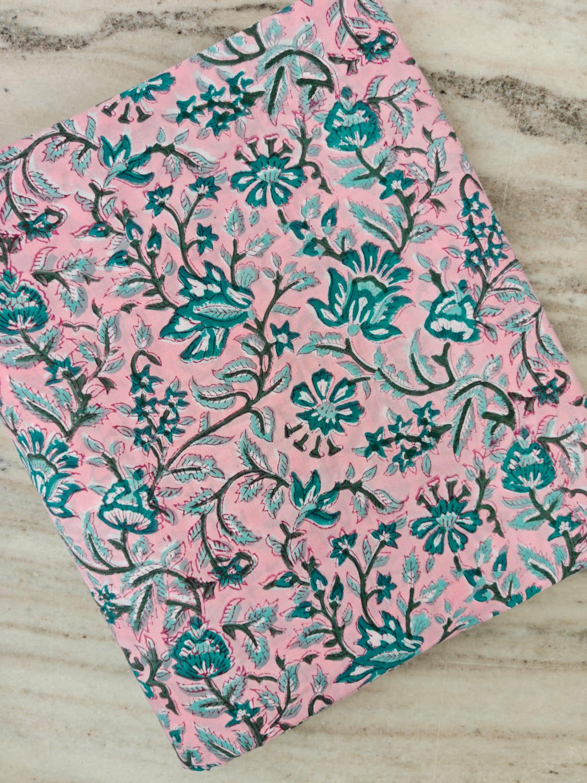 Pink Floral Cotton Fabric, Teal & Green Botanical Print, Indian Block Print Fabric, Floral Sewing Quilting Textile, Loose Running Fabric