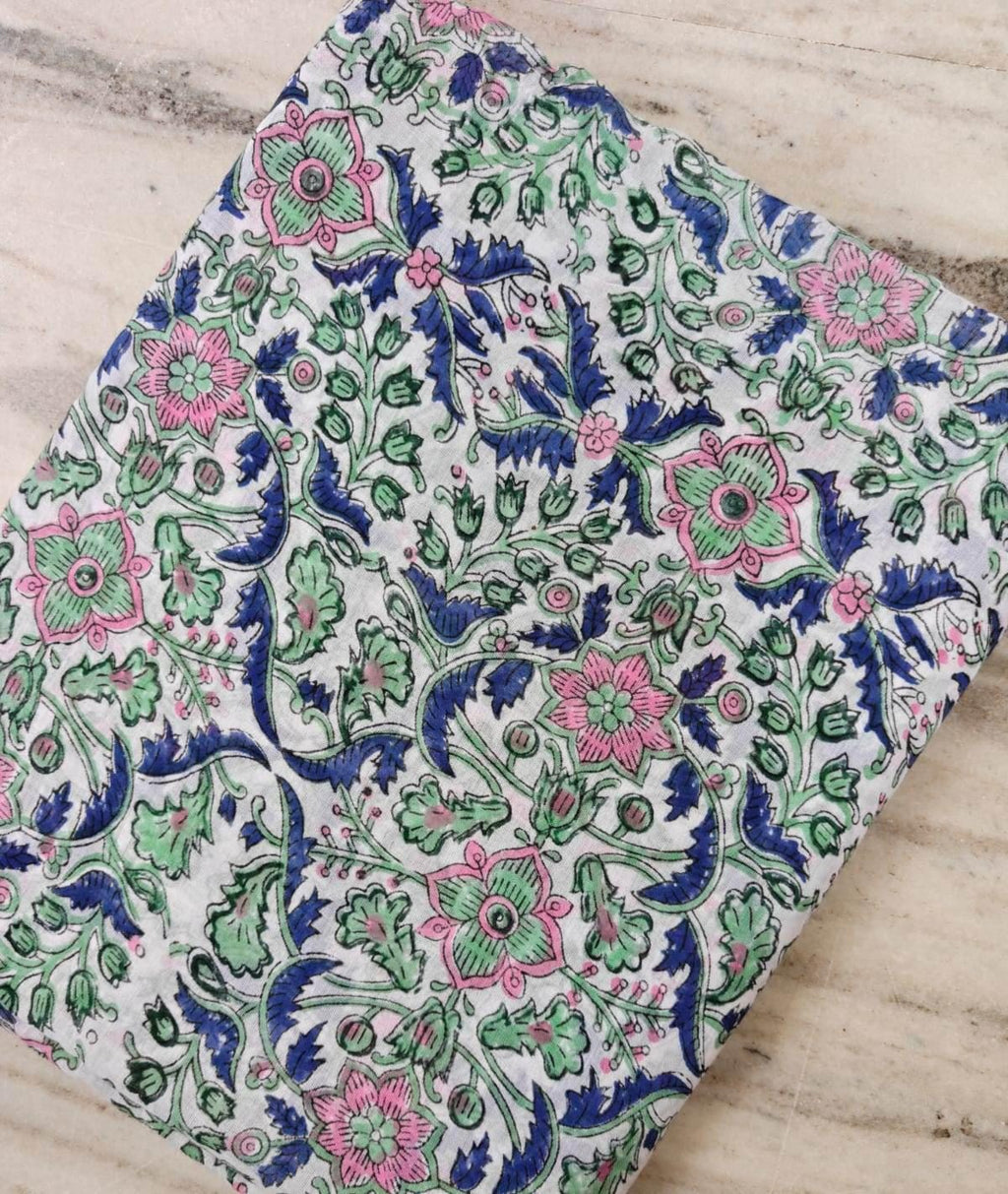 Floral Cotton Fabric by the Yard, Hand Block Print Fabric, Pink Green Blue Botanical Cotton Textile, Indian Craft Fabric, Running Fabric