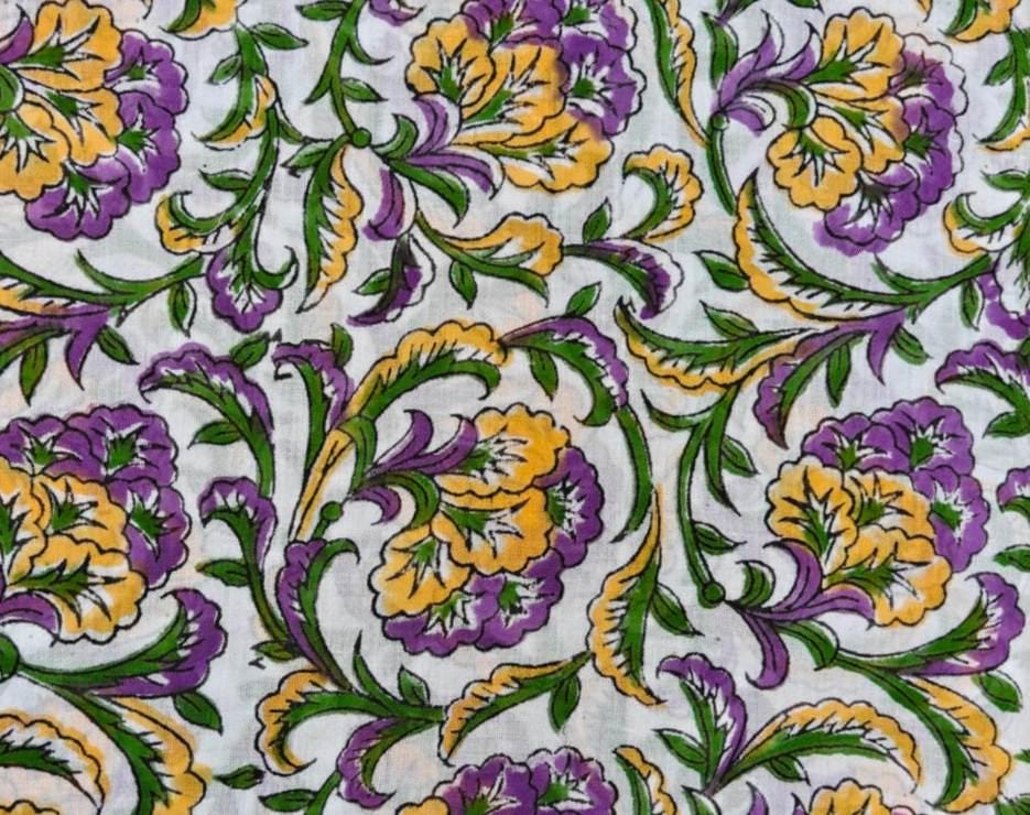 Purple Yellow Floral Cotton Fabric by the Yard, Indian Block Print Fabric, Botanical Flower Cotton Textile, Green Vine Sewing Fabric