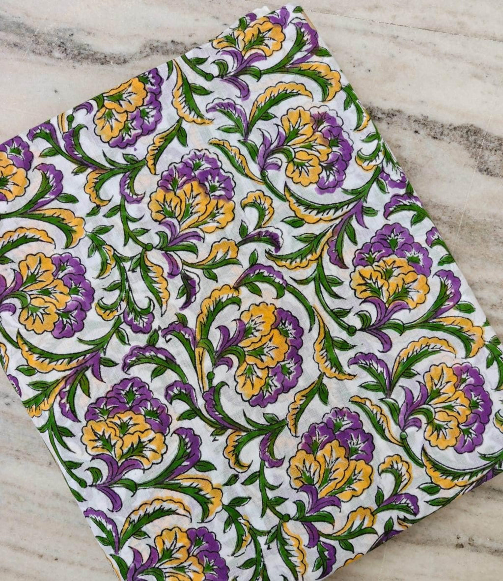 Purple Yellow Floral Cotton Fabric by the Yard, Indian Block Print Fabric, Botanical Flower Cotton Textile, Green Vine Sewing Fabric