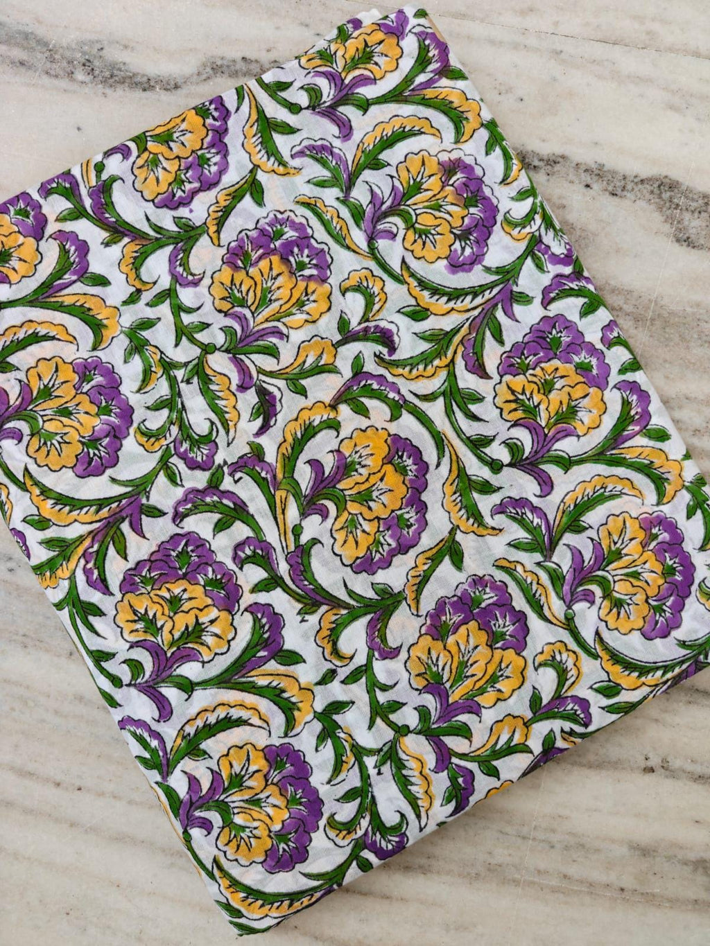 Purple Yellow Floral Cotton Fabric by the Yard, Indian Block Print Fabric, Botanical Flower Cotton Textile, Green Vine Sewing Fabric
