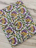 Purple Yellow Floral Cotton Fabric by the Yard, Indian Block Print Fabric, Botanical Flower Cotton Textile, Green Vine Sewing Fabric
