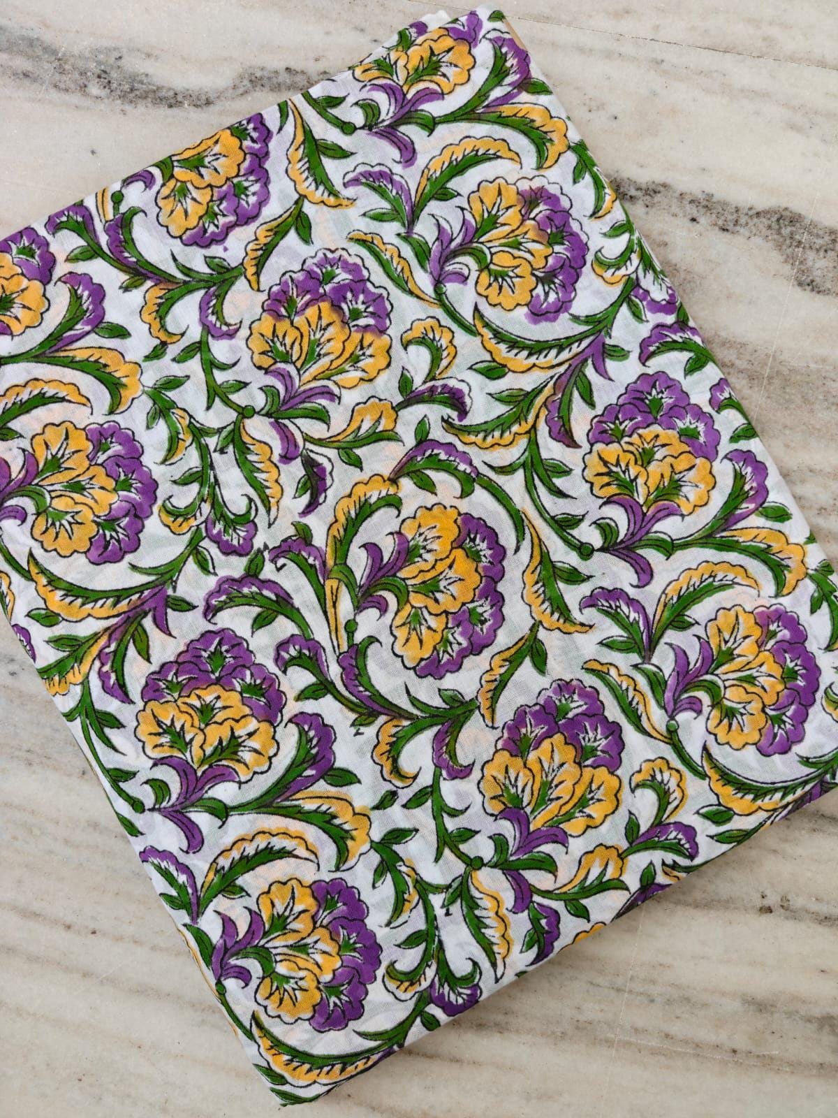 Purple Yellow Floral Cotton Fabric by the Yard, Indian Block Print Fabric, Botanical Flower Cotton Textile, Green Vine Sewing Fabric
