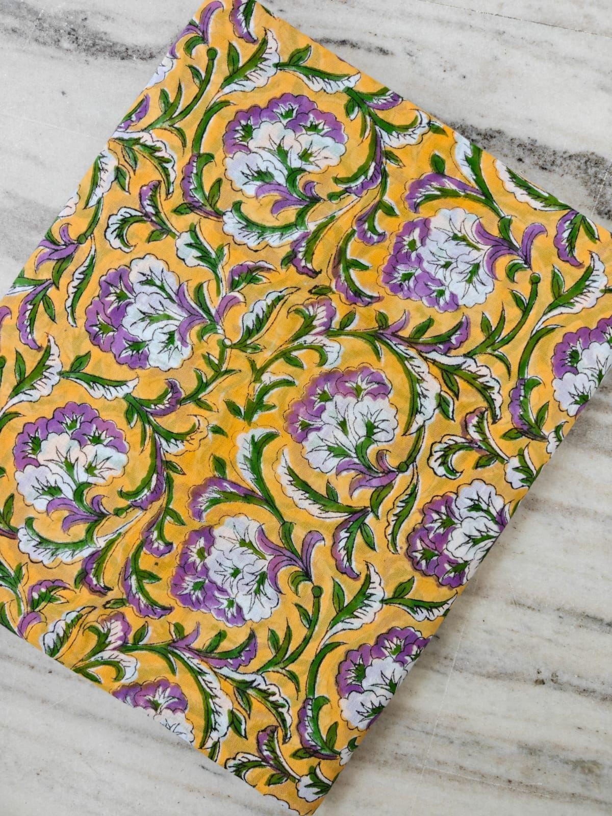 Yellow Floral Cotton Fabric, Purple White Flower Print, Indian Block Print Fabric, Botanical Cotton Textile, Sewing Fabric, Running Fabric