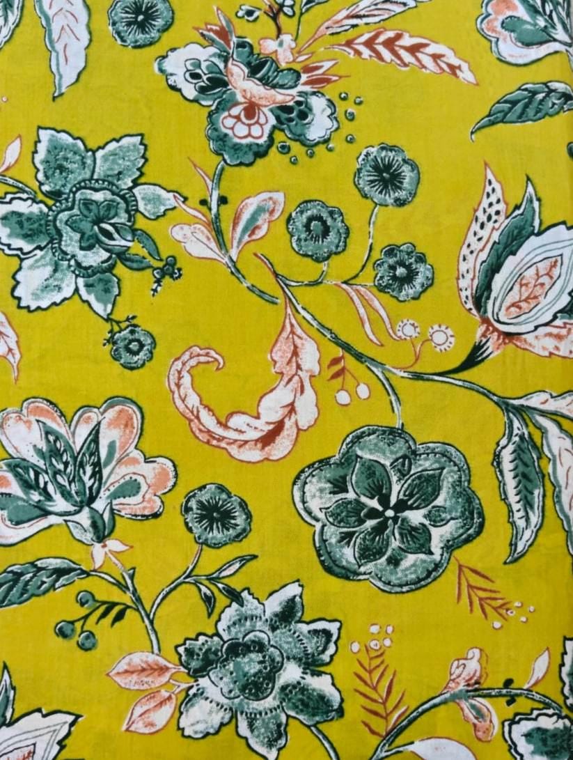 Yellow Floral Cotton Fabric by the Yard, Botanical Print Fabric, Indian Block Print Cotton, Sewing Fabric, Quilting, Dressmaking Decor