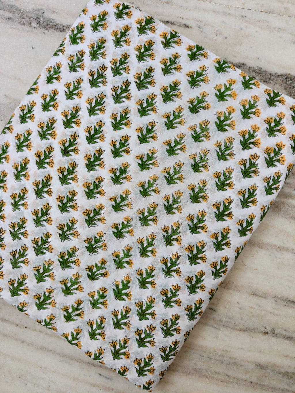 100% Cotton Hand Block Print Fabric, White Yellow Floral Botanical Textile, Indian Sewing Quilting