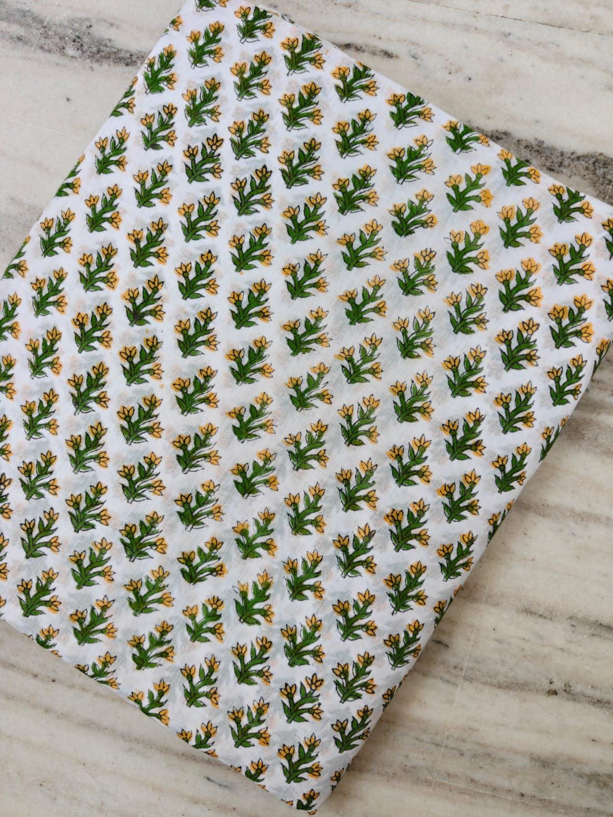 100% Cotton Hand Block Print Fabric, White Yellow Floral Botanical Textile, Indian Sewing Quilting