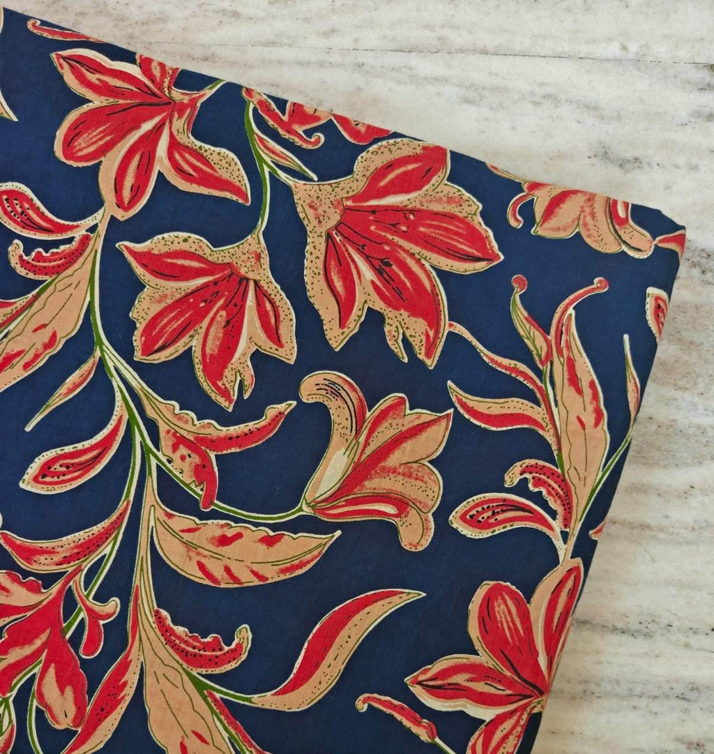 Navy Blue Floral Cotton Fabric by the Yard, Red Lily Print Fabric, Indian Block Print Cotton Fabric for Quilting, Sewing & Apparel Fabric