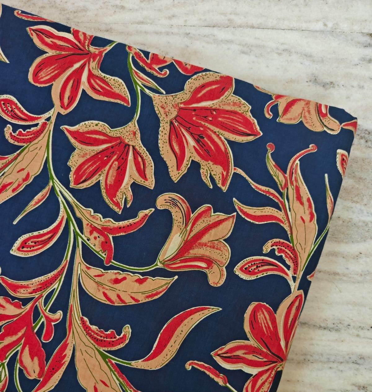 Navy Blue Floral Cotton Fabric by the Yard, Red Lily Print Fabric, Indian Block Print Cotton Fabric for Quilting, Sewing & Apparel Fabric