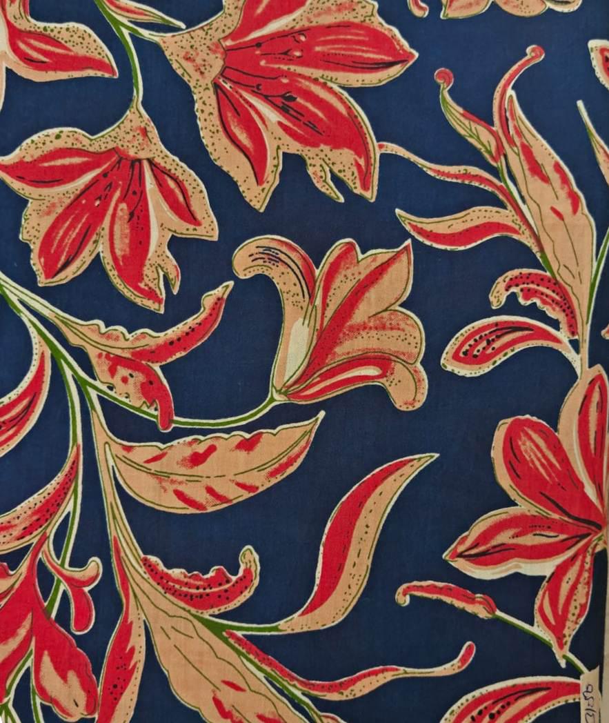 Navy Blue Floral Cotton Fabric by the Yard, Red Lily Print Fabric, Indian Block Print Cotton Fabric for Quilting, Sewing & Apparel Fabric
