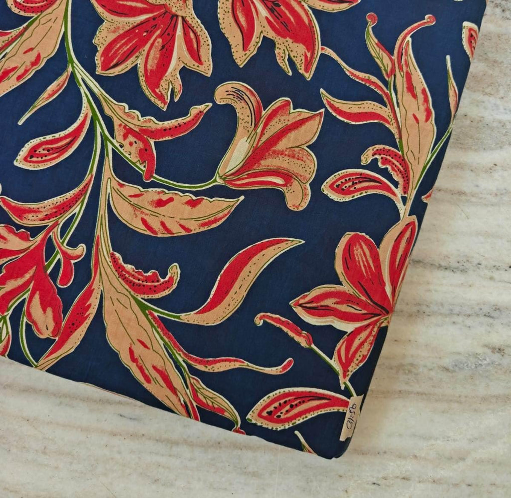 Navy Blue Floral Cotton Fabric by the Yard, Red Lily Print Fabric, Indian Block Print Cotton Fabric for Quilting, Sewing & Apparel Fabric