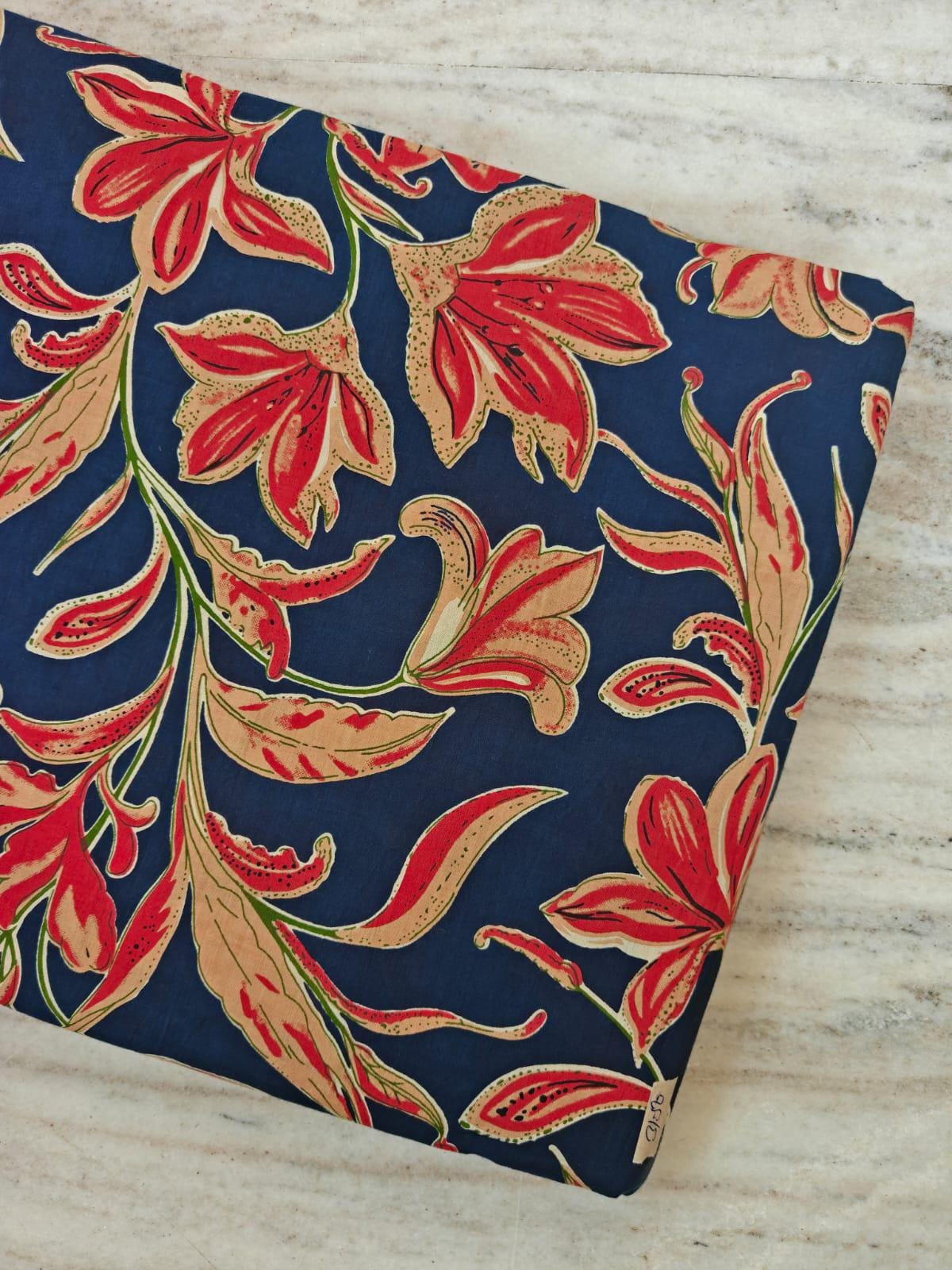 Navy Blue Floral Cotton Fabric by the Yard, Red Lily Print Fabric, Indian Block Print Cotton Fabric for Quilting, Sewing & Apparel Fabric