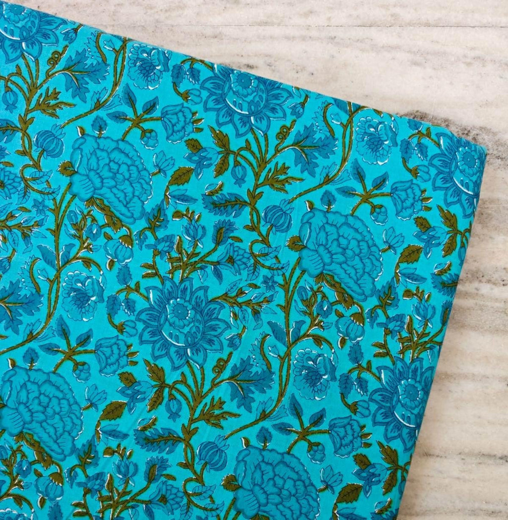 Turquoise Blue Floral Cotton Fabric by the Yard Indian Block Print Fabric Botanical Cotton Fabric Quilting Sewing Craft Dressmaking Fabric