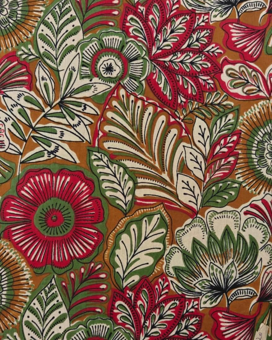 Mustard Floral Cotton Fabric by the Yard Indian Block Print Fabric Botanical Cotton Fabric Vintage Flower Fabric for Quilting, Dressmaking