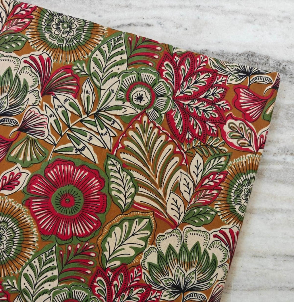 Mustard Floral Cotton Fabric by the Yard Indian Block Print Fabric Botanical Cotton Fabric Vintage Flower Fabric for Quilting, Dressmaking