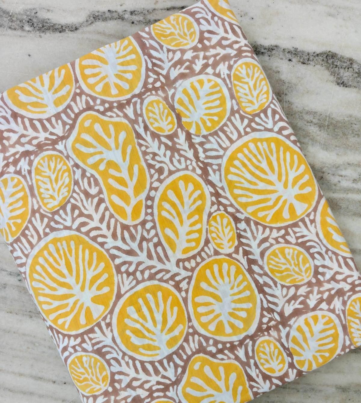 Soft Mustard Yellow & Taupe Cotton Fabric, Leaf Print Block Print Fabric, Botanical Indian Cotton Textile, Sewing  Quilting Fabric Loose