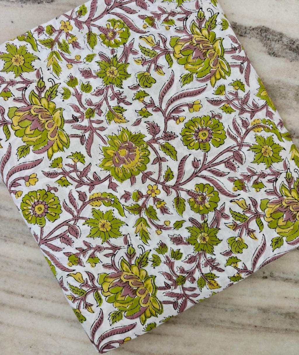 Vintage Floral Cotton Fabric, Hand Block Print Fabric, Indian Cotton Textile, Green Pink Floral Fabric, Sewing & Quilting Running Fabric
