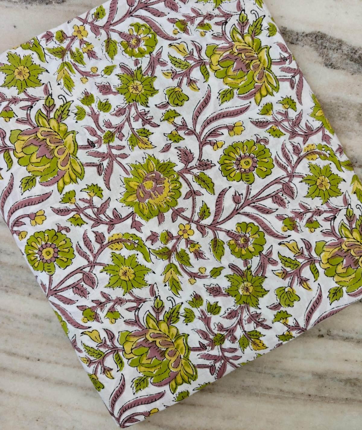 Vintage Floral Cotton Fabric, Hand Block Print Fabric, Indian Cotton Textile, Green Pink Floral Fabric, Sewing & Quilting Running Fabric