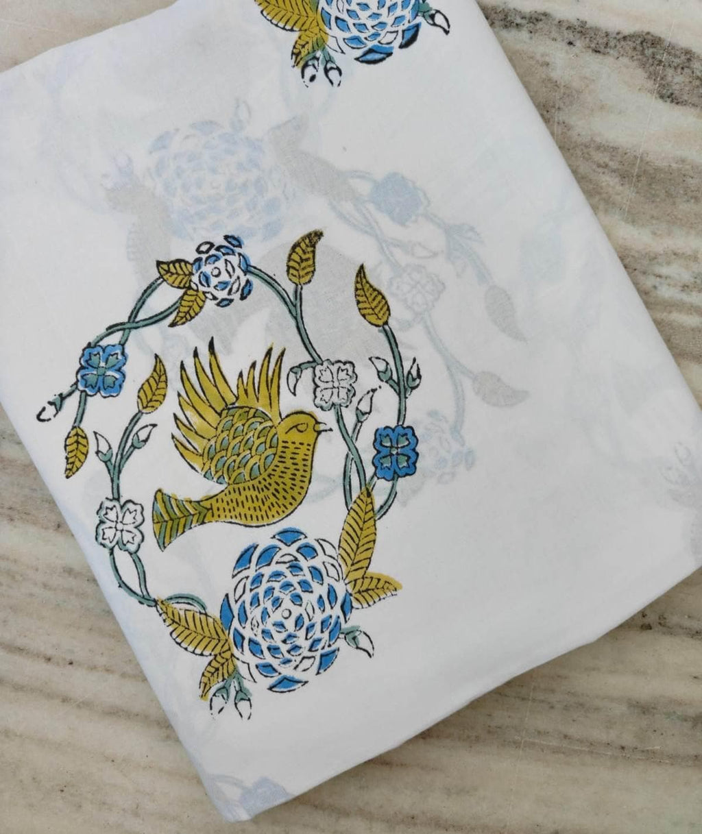 White Cotton Fabric by the Yard, Bird Floral Block Print Fabric, Indian Hand Block Print Cotton, Botanical Fabric for Sewing, Dressmaking