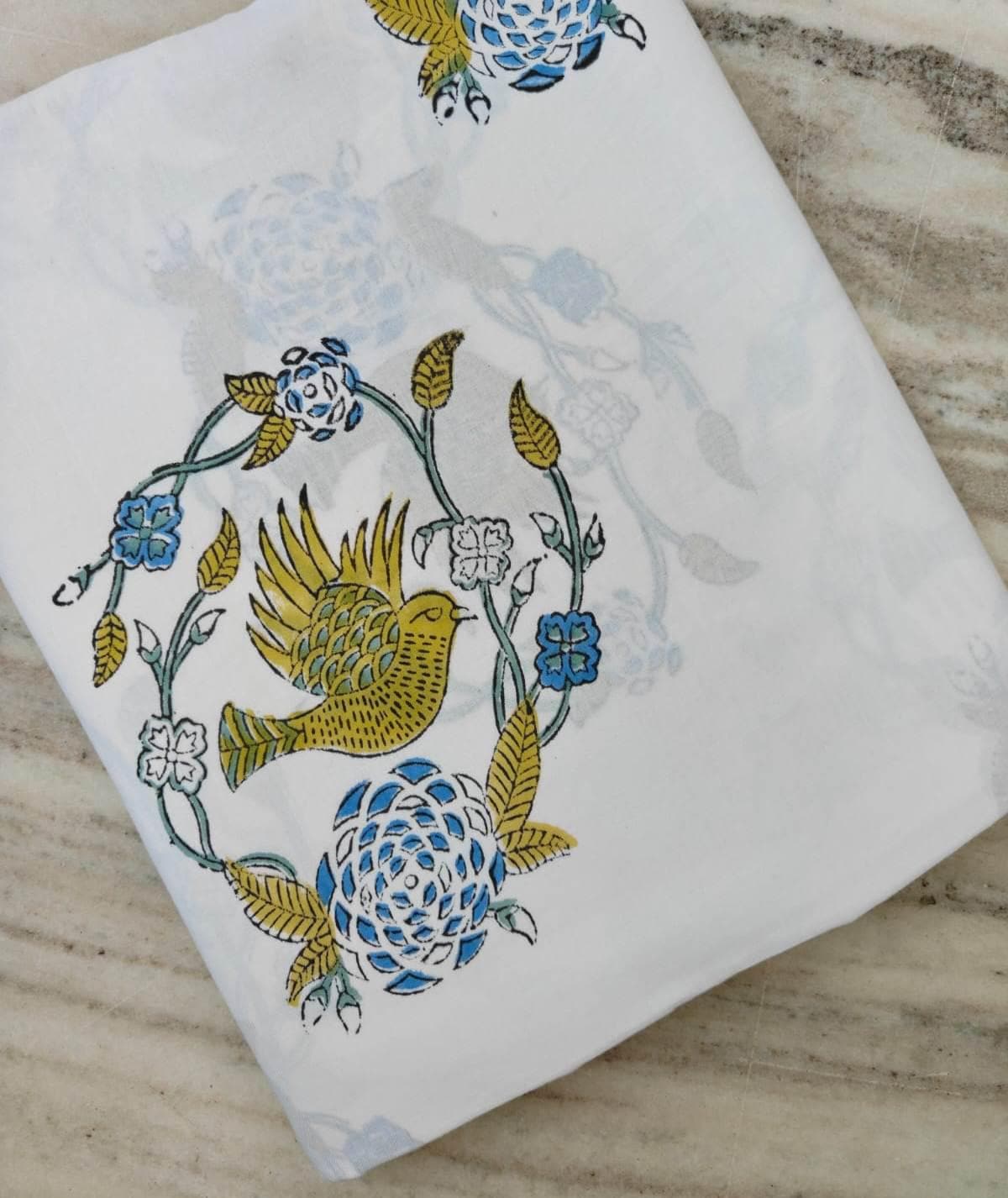 White Cotton Fabric by the Yard, Bird Floral Block Print Fabric, Indian Hand Block Print Cotton, Botanical Fabric for Sewing, Dressmaking