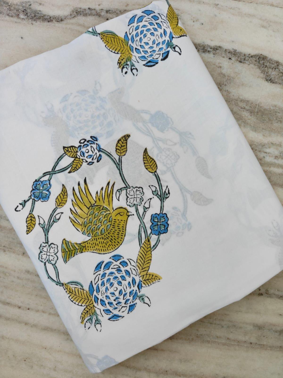 White Cotton Fabric by the Yard, Bird Floral Block Print Fabric, Indian Hand Block Print Cotton, Botanical Fabric for Sewing, Dressmaking