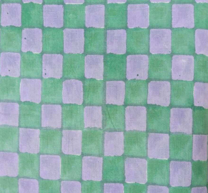 Pastel Green Lavender Cotton Fabric, Checkered Block Print Fabric, Hand Printed Indian Cotton Textile, Sewing & Quilting Loose Fabric